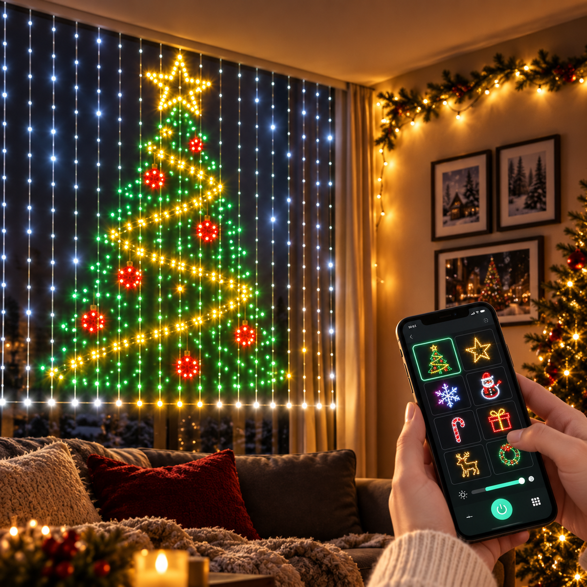 Gutcheck™ Smart RGB Curtain Lights – App-Controlled Animated LED Window Lights with Custom Patterns & Remote