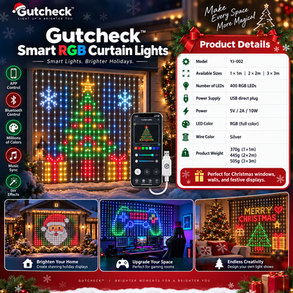 Gutcheck™ Smart RGB Curtain Lights – App-Controlled Animated LED Window Lights with Custom Patterns & Remote