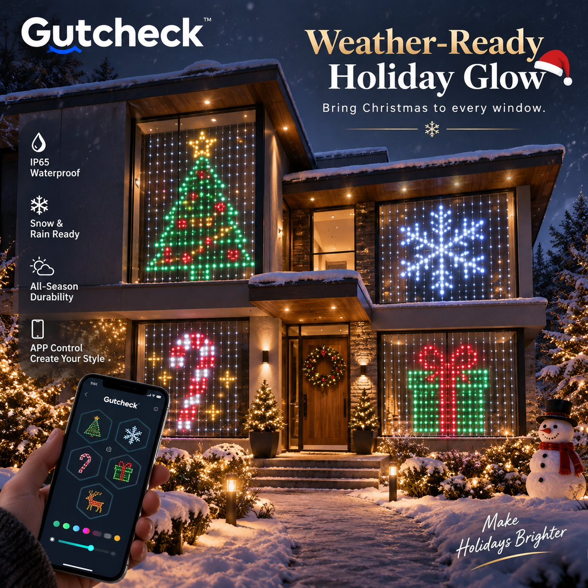 Gutcheck™ Smart RGB Curtain Lights – App-Controlled Animated LED Window Lights with Custom Patterns & Remote