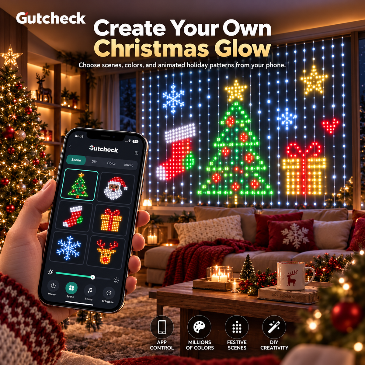 Gutcheck™ Smart RGB Curtain Lights – App-Controlled Animated LED Window Lights with Custom Patterns & Remote